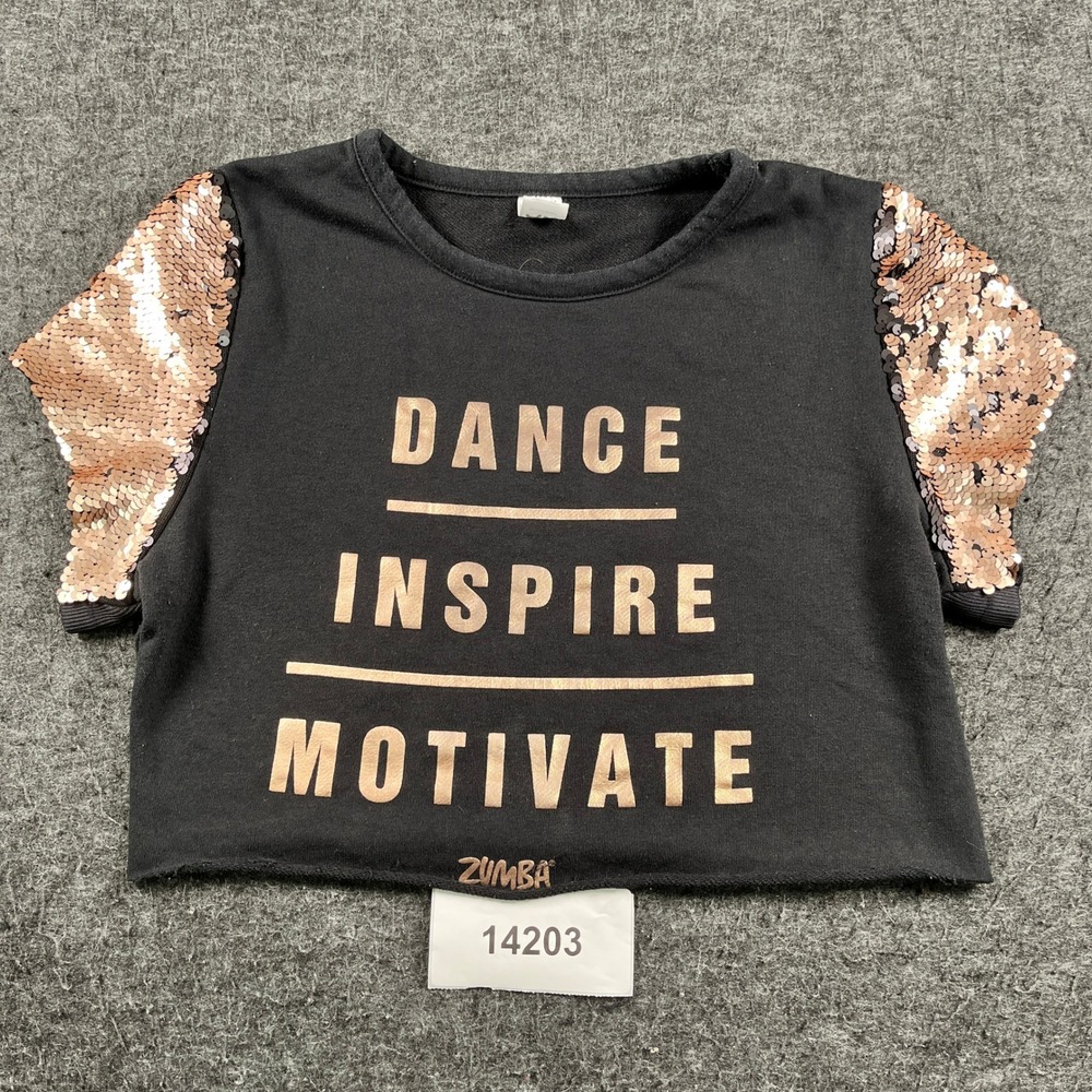 Zumba Wear Crop Top Womens Medium Black Graphic Print Sequin Crew Neck Casual